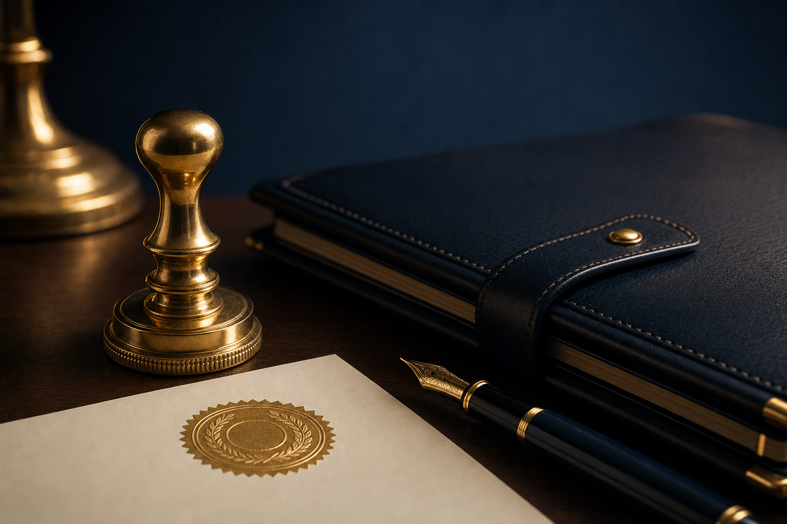 Notary stamp, pen, and documents on a desk